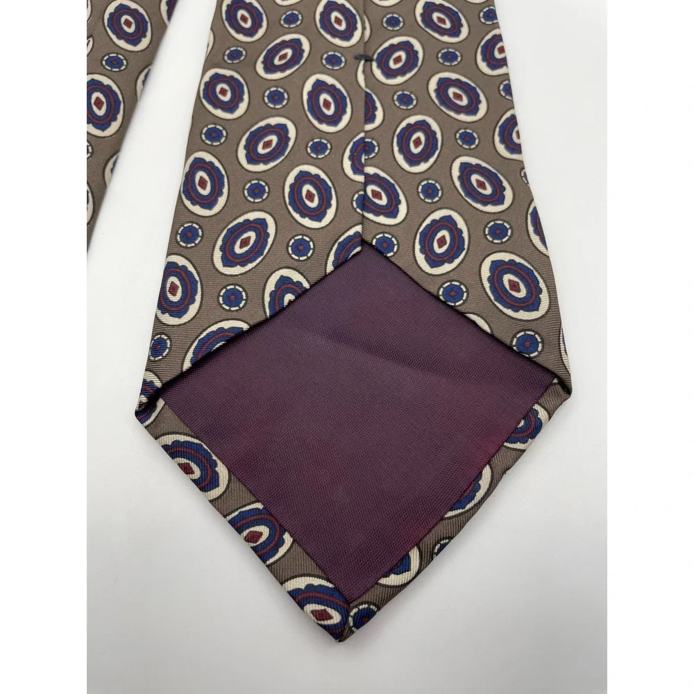 Salvatori Mens Silk Tie Taupe Blue Burgundy Geometric Medallion Pattern Classic